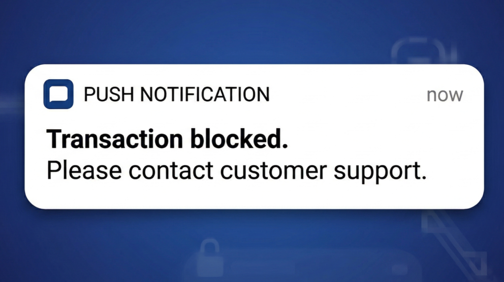 Transaction Blocked Notificaiton v2 - Coinsbee | Blog The Great Crypto Freeze: Why Banks Keep Blocking Your Withdrawals (And How to Beat Them) - Coinsbee | Blog